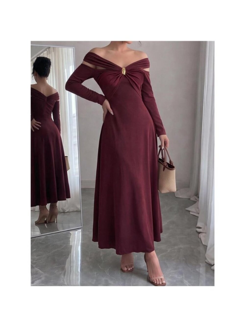 Off-Shoulder Long-Sleeve Maxi Dress